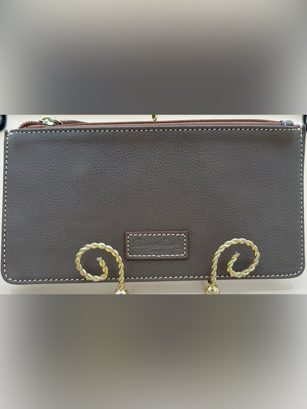 Dooney & Bourke Pebble Grain Leather Zip Credit Card Pouch Wallet-Dark Taupe